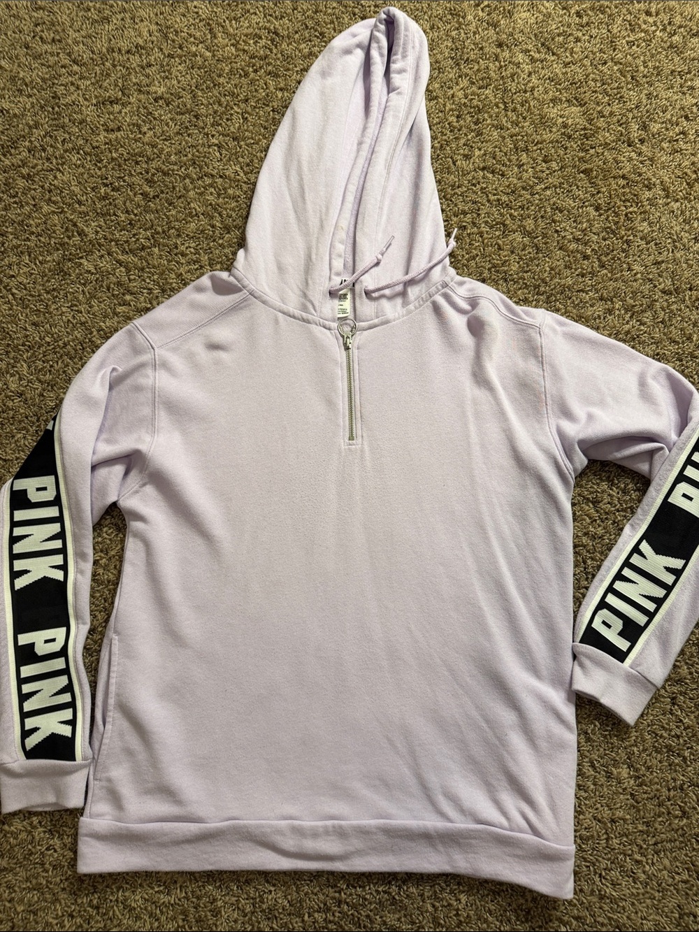PINK Victoria's Secret Lavender Half-Zip Hoodie with Black Logo Sleeve Panels